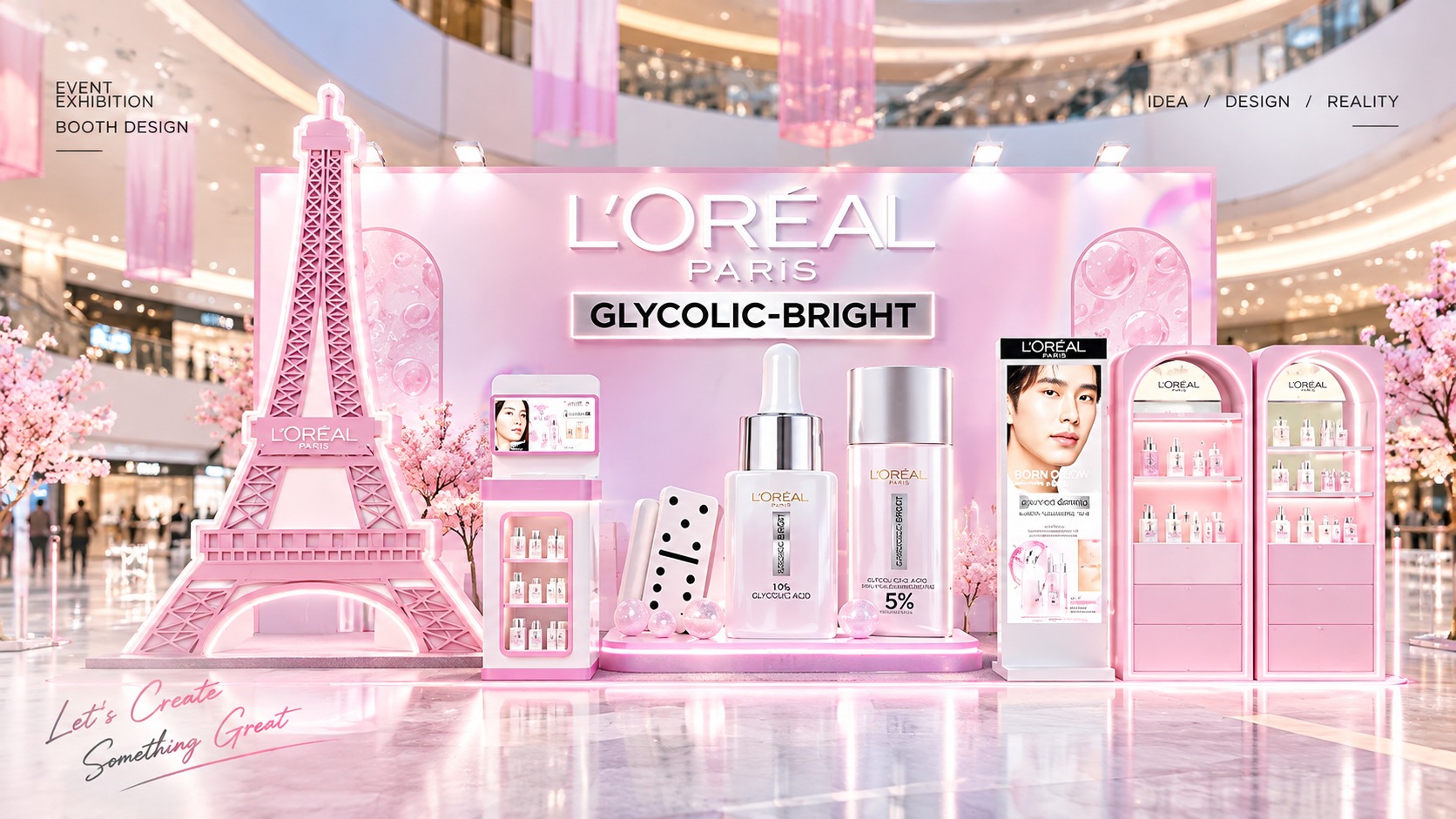 บูธ L’Oréal Glycolic-Bright สีชมพูสุดหรู